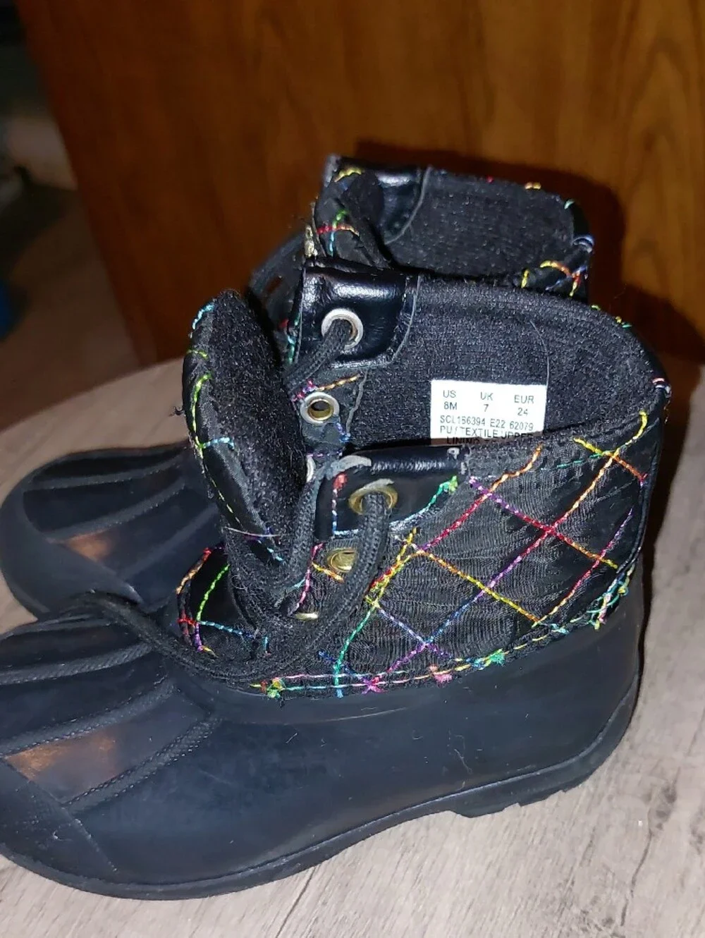 Sperry Black Kids Waterproof Duck Boots with Rainbow Stitching